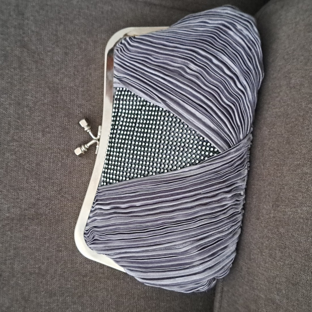 NWT Silver clutch wPleated fabric & Rhinestone detail & detachable strap